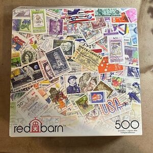🧩 500 piece New, Factory Sealed red barn “Stamp Collection. Wonderful gift item.